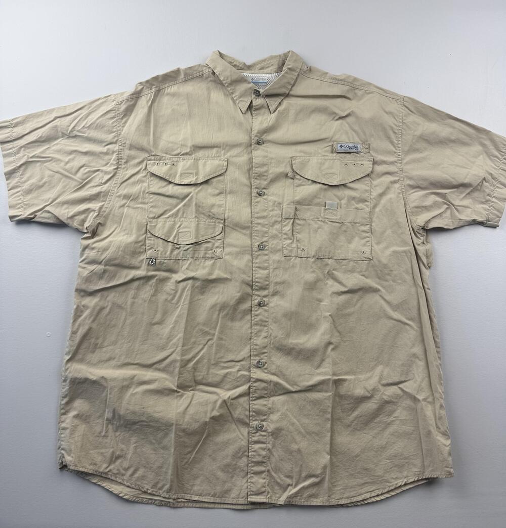 Columbia PFG Shirt Mens 2XL Beige Solid Short Sleeve Fishing Button Up Outdoor